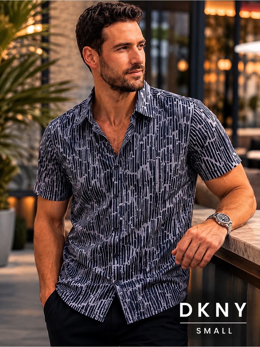 DKNY Men’s Modern Stretch Short Sleeve Button Front Shirt – Size Small